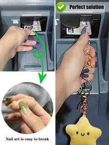 1個長指甲美甲風信用卡套和鑰匙扣組合,附帶可愛的毛絨星形玩具吊飾和壓克力卡片取出工具。適用於女性汽車鑰匙、背包、情人節、新年、生日派對、日常使用 - 黃色 - 查看 2
