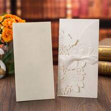 Wedding Invitation Card, Vertical Style With Ribbon, Creative Design With Hot Stamping And Hollow Out, Ins Style, 1set - Gold - View 6