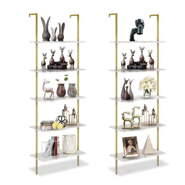 5 Tiers Ladder 2-Piece Shelf  Modern MDF Bookshelf, Wall Mount Bookcase, Suitable For Living Room, Bedroom, Office(White Marble)
