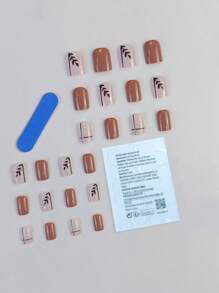 24入組短方形裸色線葉花紋假指甲配1支指甲剪和1張指甲貼紙，即插即用指甲美容工具 - 彩色 - 查看 2