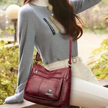 男女適用的多拉鍊大容量肩背包,時尚pu斜背包、單肩包、側背包、哈伯包,適用於旅行度假商務休閒,防水性,情人節男友禮物 - 紅色 - 查看 6