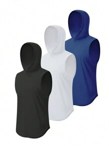 男士速干无袖连帽训练上衣，宽松背心带帽健身服 - 白色 - 查看 1