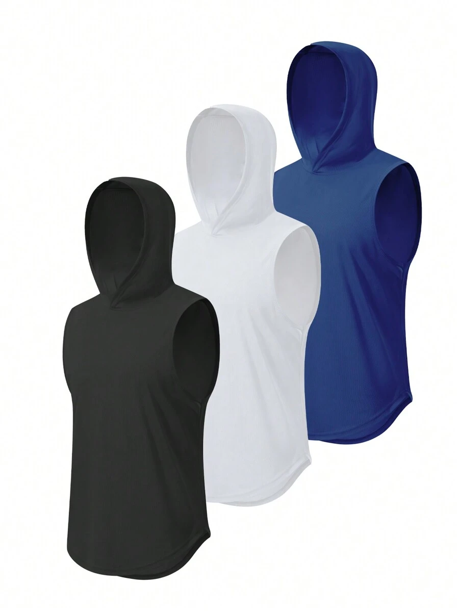 男士速干无袖连帽训练上衣，宽松背心带帽健身服 - 白色 - 查看 1