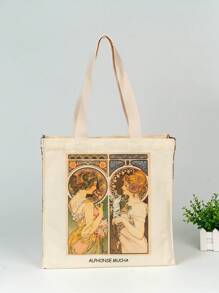 Sac fourre-tout en canevas d"art peinture à l"huile d"Alphonse Maria Mucha Primrose et Feather Mona Lisa pour femmes et filles, réutilisable et écologique, pliable avec grande capacité pour les courses et les loisirs - Orange - Voir 5