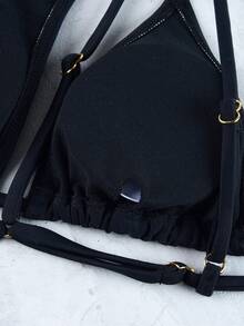 2 Pieces Solid Color Asymmetrical Backless Bra And Swim Bottoms Bikini Set Summer - Black - View 9