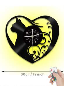 1入組黑膠唱片牆掛鐘。七種顏色led燈,遙控燈光控制功能。我喜歡貓,可愛寵物,小貓咪,愛的元素時鐘。靜音走時,沒有嘀嗒聲。客廳,臥室,書房家居裝飾牆鐘。寵物貓主題鐘,貓奴禮物。 - 遙控燈控款 - 查看 2