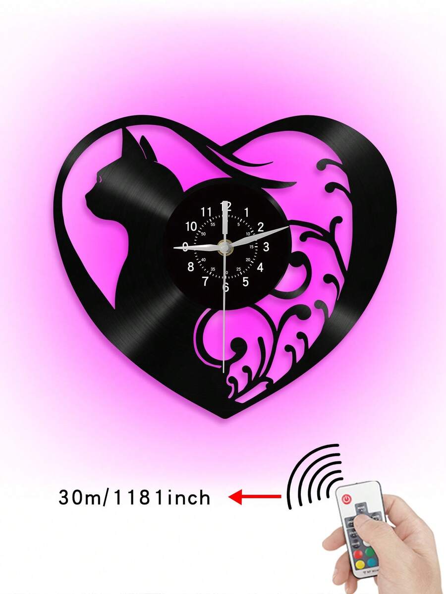 1入組黑膠唱片牆掛鐘。七種顏色led燈,遙控燈光控制功能。我喜歡貓,可愛寵物,小貓咪,愛的元素時鐘。靜音走時,沒有嘀嗒聲。客廳,臥室,書房家居裝飾牆鐘。寵物貓主題鐘,貓奴禮物。 - 遙控燈控款 - 查看 1