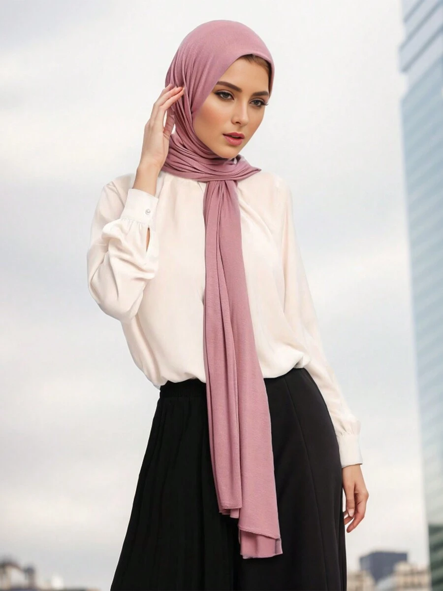 1pc Classic Plain Colored Scarf-Style Jersey Headband Hijab Scarves Head Wrap Scarf For Women - Pink - View 1