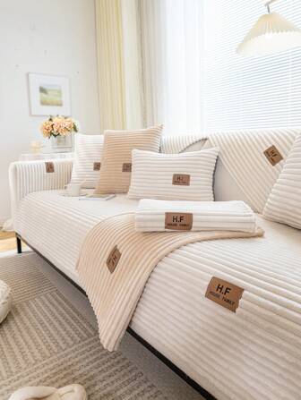 1pc Striped Solid Color Plush Sofa Cover Seat Cushion, Backrest Cover, Armrest Cover, 1/2/3/4-Seater Sofa Slipcover, Anti-Slip, Suitable For All Seasons