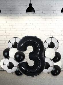 17pcs-32in Black Aluminum Foil Number Balloons/18in Black & White Football Aluminum Foil Ball/10in Black & White Latex Balloons With Set For First Birthday Party Decoration, Football Theme Anniversary Celebration Scene Atmosphere Props,Christmas