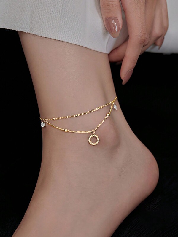 Bracelet de cheville en cercle en cubic zirconia cubique à 2 couches en argent sterling 925, à la mode et superposé pour femme, cadeau