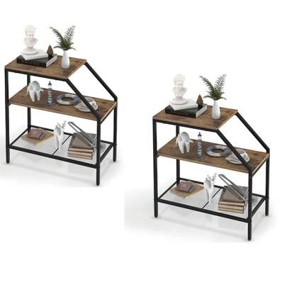 End Table 3 Tiers Shelf Rustic Brown Wood Industrial Accent Decorative Sofa Side Table Modern Trapezoid Accent Furniture Living Room Bed Room For Small Place