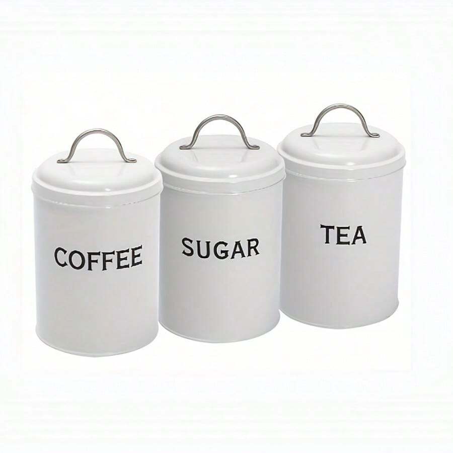 3pcs/Set Countertop Airtight Kitchen Canisters, Tea Coffee Sugar Storage Containers, White Farmhouse Style Kitchen Decoration And Accessories - White - View 1