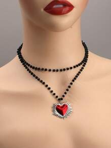 2 件套 Ins 风格个性化嘻哈波西米亚风爱心吊坠项链水晶串珠女士项链心形项链哥特式项链 - 黑色 - 查看 4