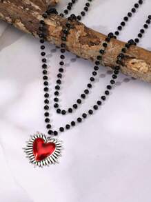2 件套 Ins 风格个性化嘻哈波西米亚风爱心吊坠项链水晶串珠女士项链心形项链哥特式项链 - 黑色 - 查看 2