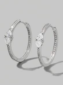 Vaerine Cubic Zirconia Decor Silver Hoop Earrings - Silver - View 1