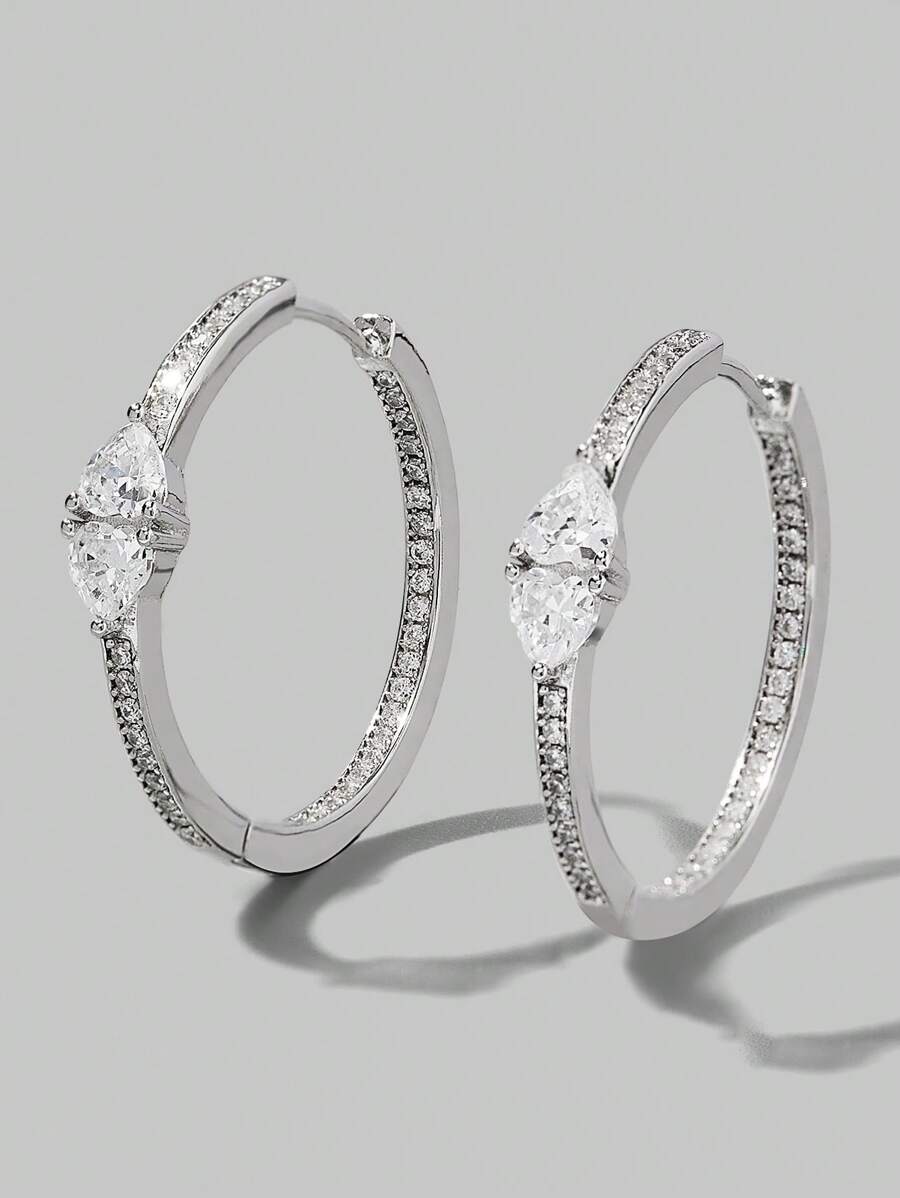 Vaerine Cubic Zirconia Decor Silver Hoop Earrings - Silver - View 1