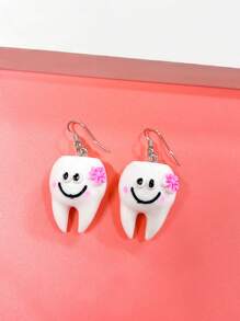 1pair Funny & Cute Cartoon Flower Shaped Earrings With Creative Smiling Face & Simulated Teeth Design, Unisex Party Streetwear Jewelry, Creative Gift For Girlfriend On Date - Multicolor - View 5
