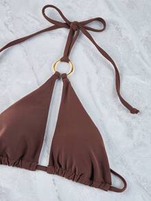 Conjunto De 2 Piezas De Top De Bikini Triangular Con Cuello Halter Y Braguitas De Baño De Color Liso - Marrón - Ver 6