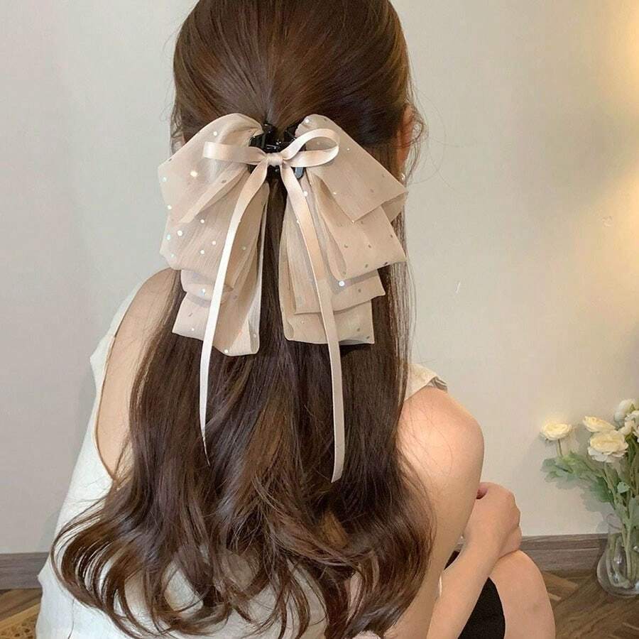 1女棕色多層蝴蝶結多功能抓發器高馬尾半紮韓式高級多用途抓發器減齡髮夾髮夾 - 奶咖色 - 查看 1