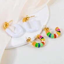 1对女士个性化法式极简主义高端不锈钢水滴耳环，C形竹节多巴胺U形彩色耳环，质感奢华，适合节日或日常佩戴 - style 1 - 查看 10