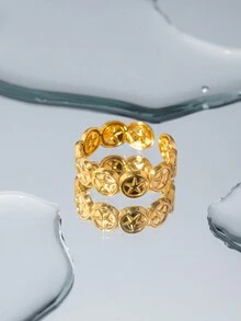 1pc Personalized All-Match 18k Gold-Plated Stainless Steel Vintage Pentagonal Pattern Open Ring Bracelet Accessory For Women - Yellow Gold - View 5