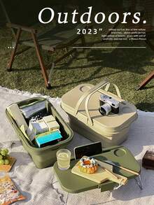 1pc大容量野餐籃 - 便攜式提籃 - 戶外春遊野餐帶蓋 - 可折疊籃 - 彩色 - 查看 1