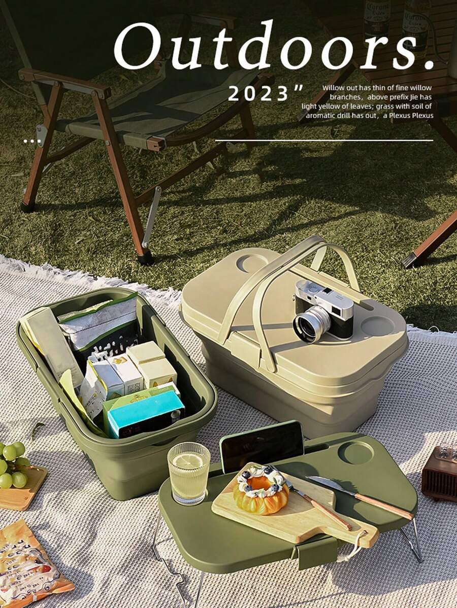 1pc大容量野餐籃 - 便攜式提籃 - 戶外春遊野餐帶蓋 - 可折疊籃 - 彩色 - 查看 1