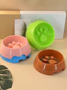 1pc Green Anti-Choking Pet Bowl For Cats & Dogs, Slow Feed Dog Bowl Design With Personalized Paw Prints - Green - View 3