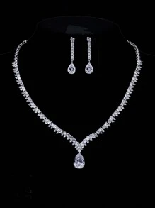 1 組 3 件簡單婚紗配件立方氧化鋯項鍊和耳環套裝婚禮派對項鍊首飾 - 銀色 - 查看 1