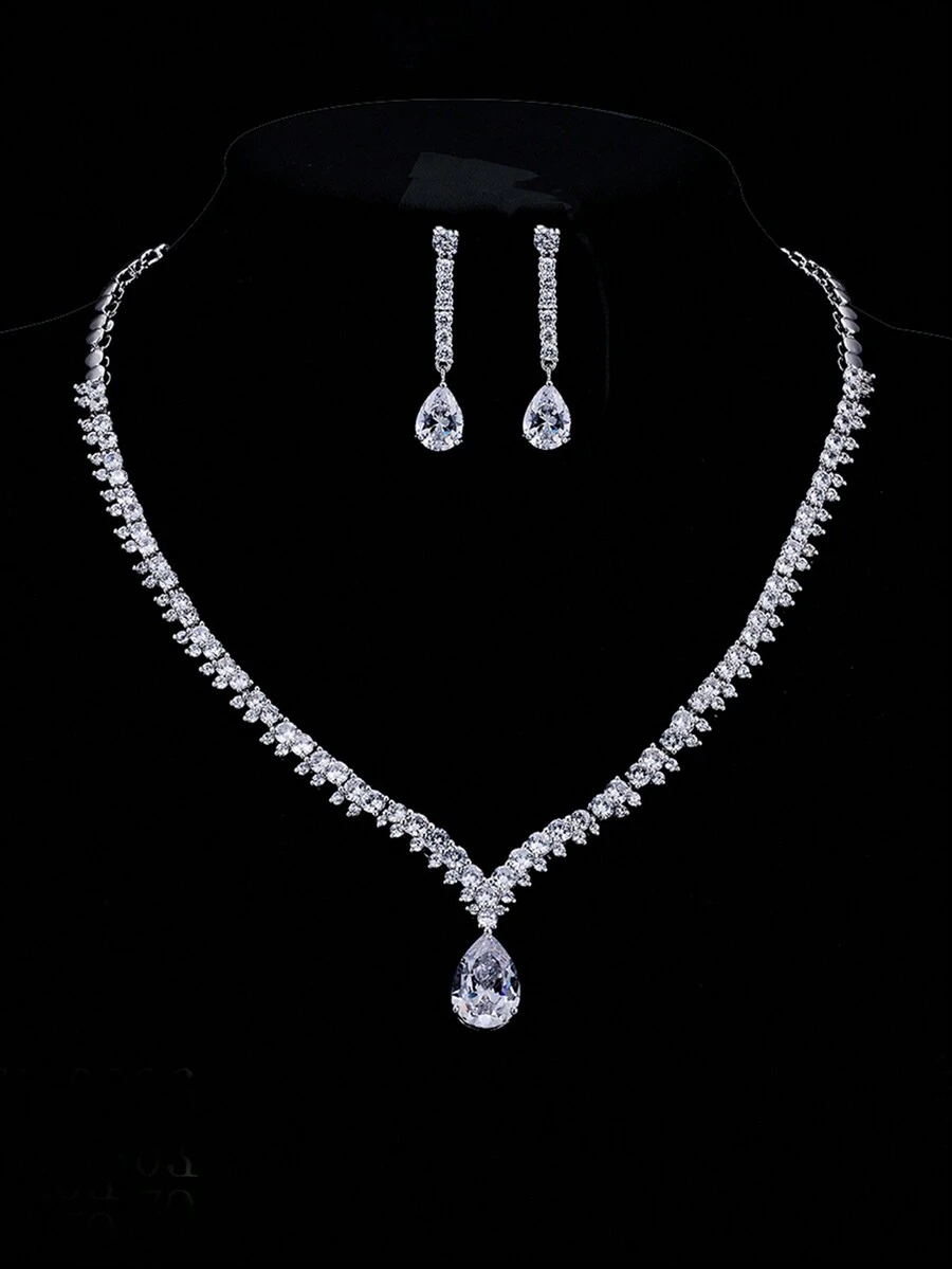1 組 3 件簡單婚紗配件立方氧化鋯項鍊和耳環套裝婚禮派對項鍊首飾 - 銀色 - 查看 1