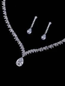 1 組 3 件簡單婚紗配件立方氧化鋯項鍊和耳環套裝婚禮派對項鍊首飾 - 銀色 - 查看 2