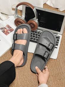 1pair Men's Soft & Comfortable Double Buckle Slip-On Sandals With Open Toe - Grey - View 4