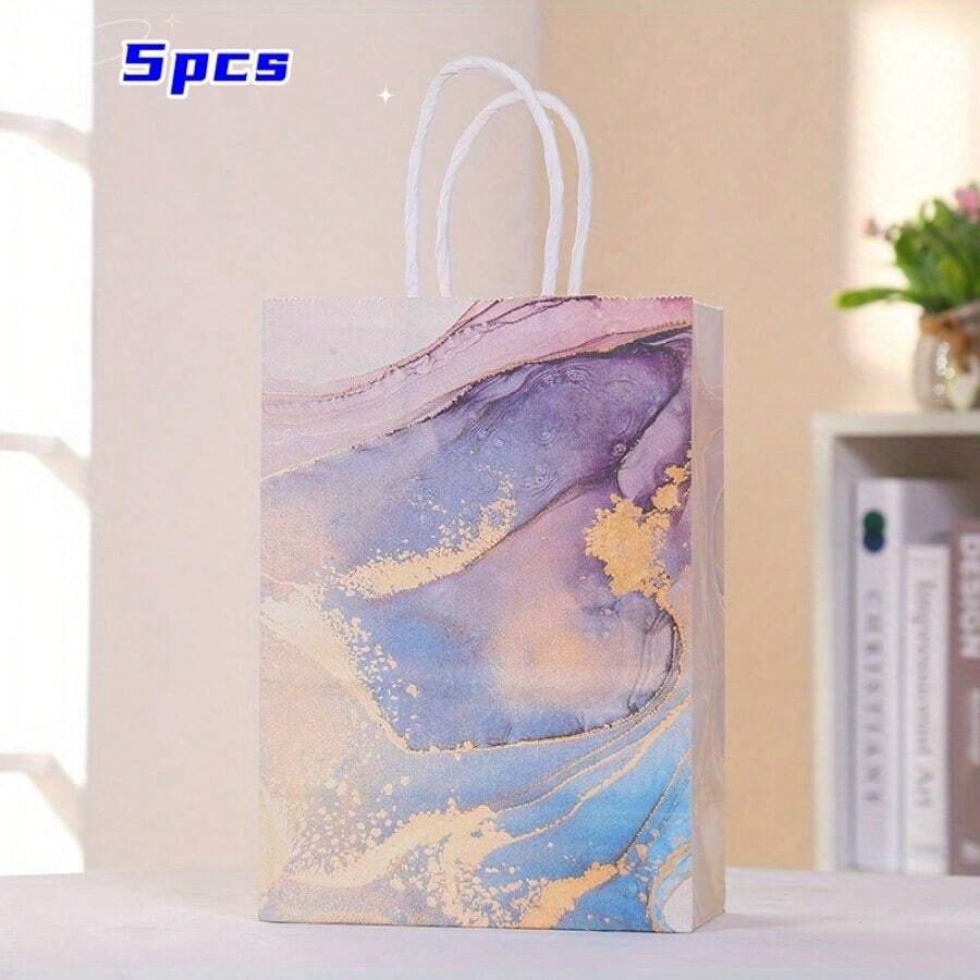 5入組大理石花紋卡紙手提袋,卡紙袋,派對禮品袋,便攜式禮品包裝袋,兒童派對禮品袋,假日禮品袋,派對禮品袋 - 紫羅蘭色 - 查看 1
