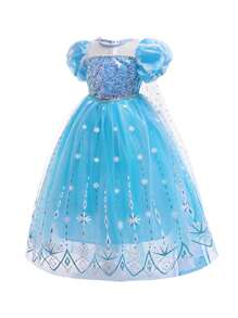 亮片雪花公主裙，适合学校舞台派对，含披风，不含头饰 - 藍色 - 查看 4