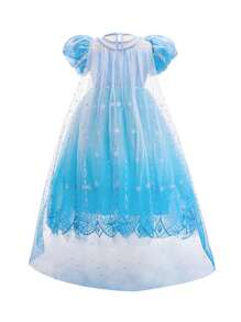 亮片雪花公主裙，适合学校舞台派对，含披风，不含头饰 - 藍色 - 查看 3