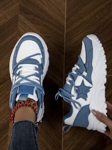 女士休閒運動鞋混色滑板鞋增高運動鞋女士平底運動鞋跑步厚底鞋 - 藍色 - 查看 4