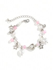 1 件甜美酷炫 Y2k 風格透明金屬串珠手鍊,帶有星星和心形吊飾,適合女性日常佩戴 - 彩色 - 查看 8