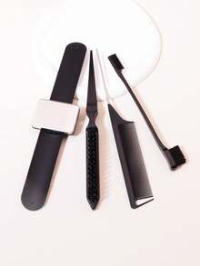 造型套裝、4 件組 Pp 鋼針尖尾梳、撕裂髮刷、邊緣控制刷、磁鐵腕帶、護髮和造型梳套裝 - 黑色 - 查看 2