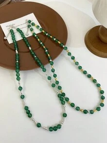 1入奢華的925銀綠玉＆玛瑙珠串項鍊,帶可調節鏈的復古項圈項鍊,適合女性參加派對婚禮 - 金黃色 - 查看 1