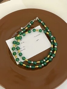 1入奢華的925銀綠玉＆玛瑙珠串項鍊,帶可調節鏈的復古項圈項鍊,適合女性參加派對婚禮 - 金黃色 - 查看 7