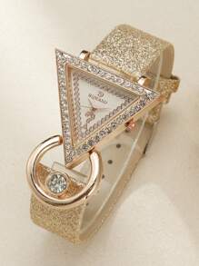 1pc Ladies Watch Rhinestone Studded Personalized Fashion Quartz Wristwatch & 3pcs Jewelry Set Necklace Rings Earrings As A Gift For Students Returning To School