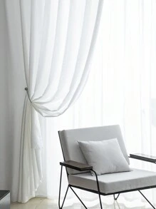 Japanese-Style Simple Living Room & Study & Bedroom Semi-Sheer Linen-Like Window Curtain, 1pc - White - View 5