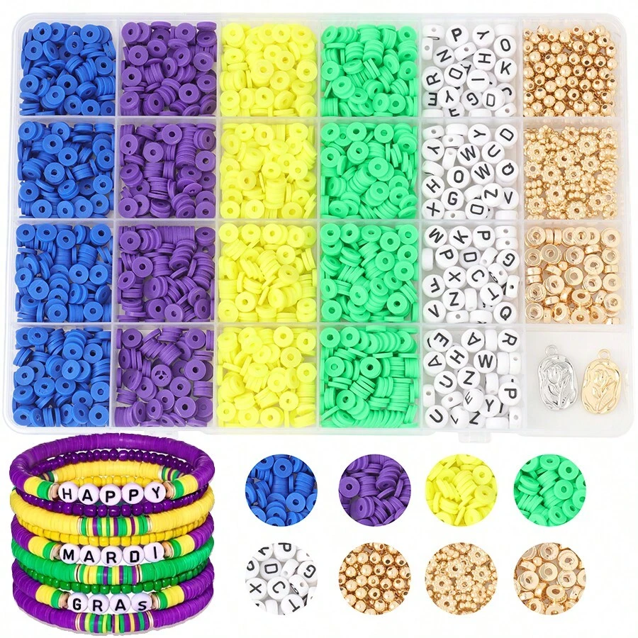 1box Mardi Gras Clay Beads Kit For Jewelry Making, Gold Purple Green