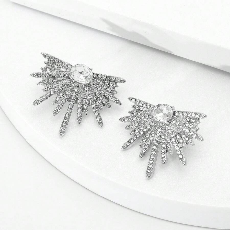 2pcs Wing Design Full Rhinestone Luxury Lady Earrings - Silver - View 1
