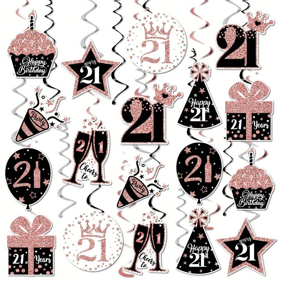 36入組21款生日派對裝飾,生日rose Gold懸掛式吊掛天花板裝飾,閃亮的箔紙旋轉裝飾,適用於生日裝飾用品 - 黑色 - 查看 1