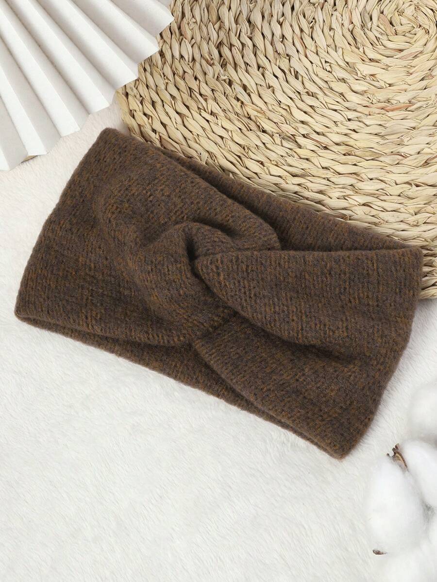 1件女秋冬純色雙層加厚針織髮帶復古酷街頭寬邊十字毛線頭帶運動外出按髮箍保暖透氣時尚簡約約束頭帶適合日常使用 - 咖啡 - 查看 1