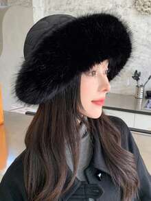 1入女性桶帽，毛絨裝飾邊，適用於戶外活動的保暖柔軟冬季桶帽，可愛風格 - 黑色 - 查看 4
