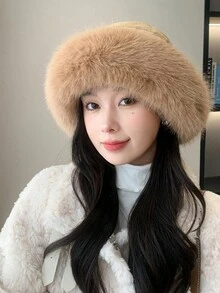 1入女性桶帽，毛絨裝飾邊，適用於戶外活動的保暖柔軟冬季桶帽，可愛風格 - 黑色 - 查看 3