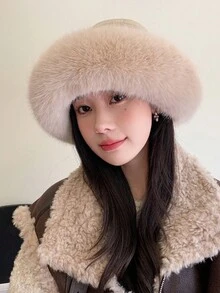 1入女性桶帽，毛絨裝飾邊，適用於戶外活動的保暖柔軟冬季桶帽，可愛風格 - 黑色 - 查看 2